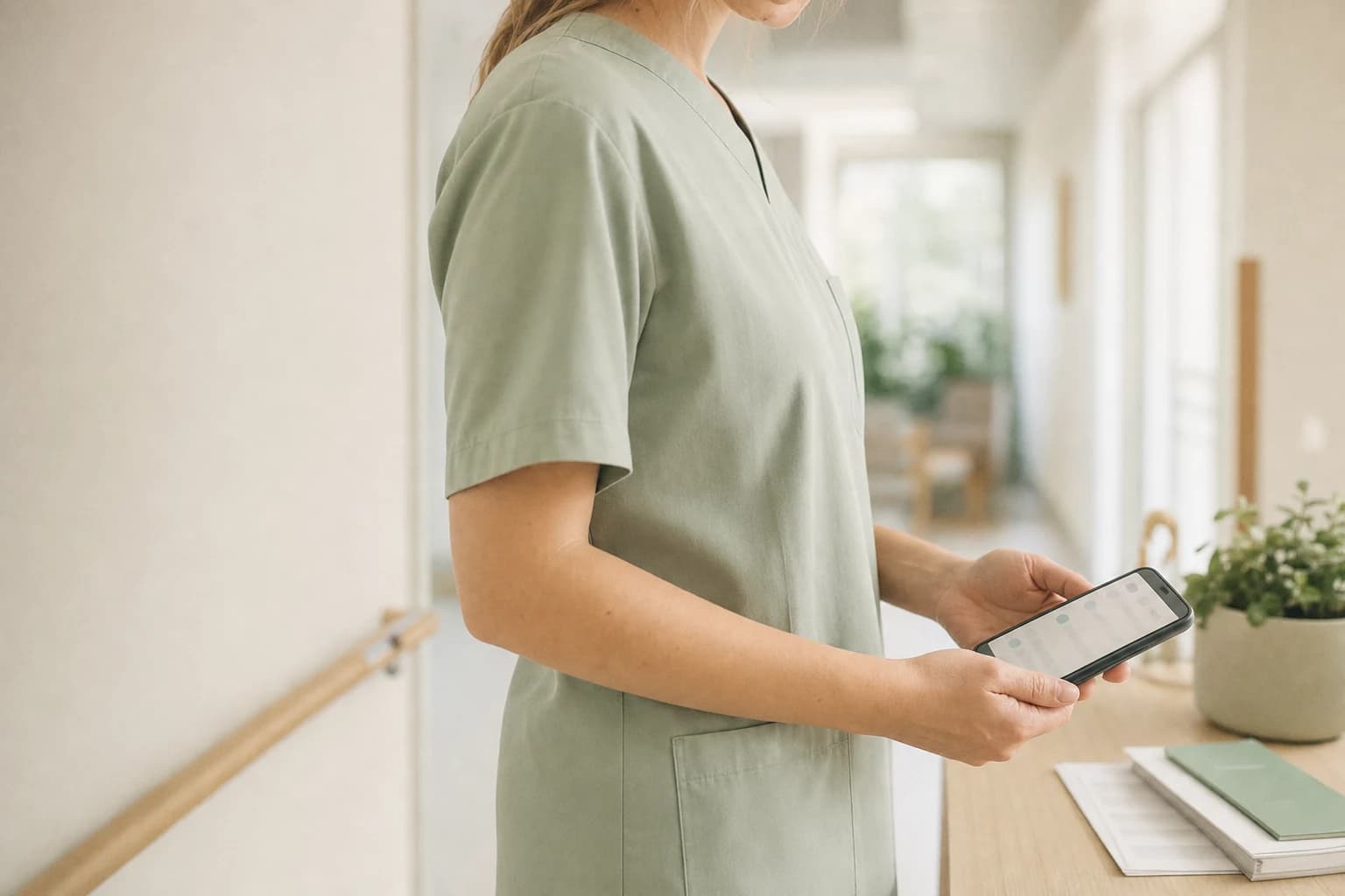 Pflegekraft in hellem Arbeitsbereich mit Smartphone